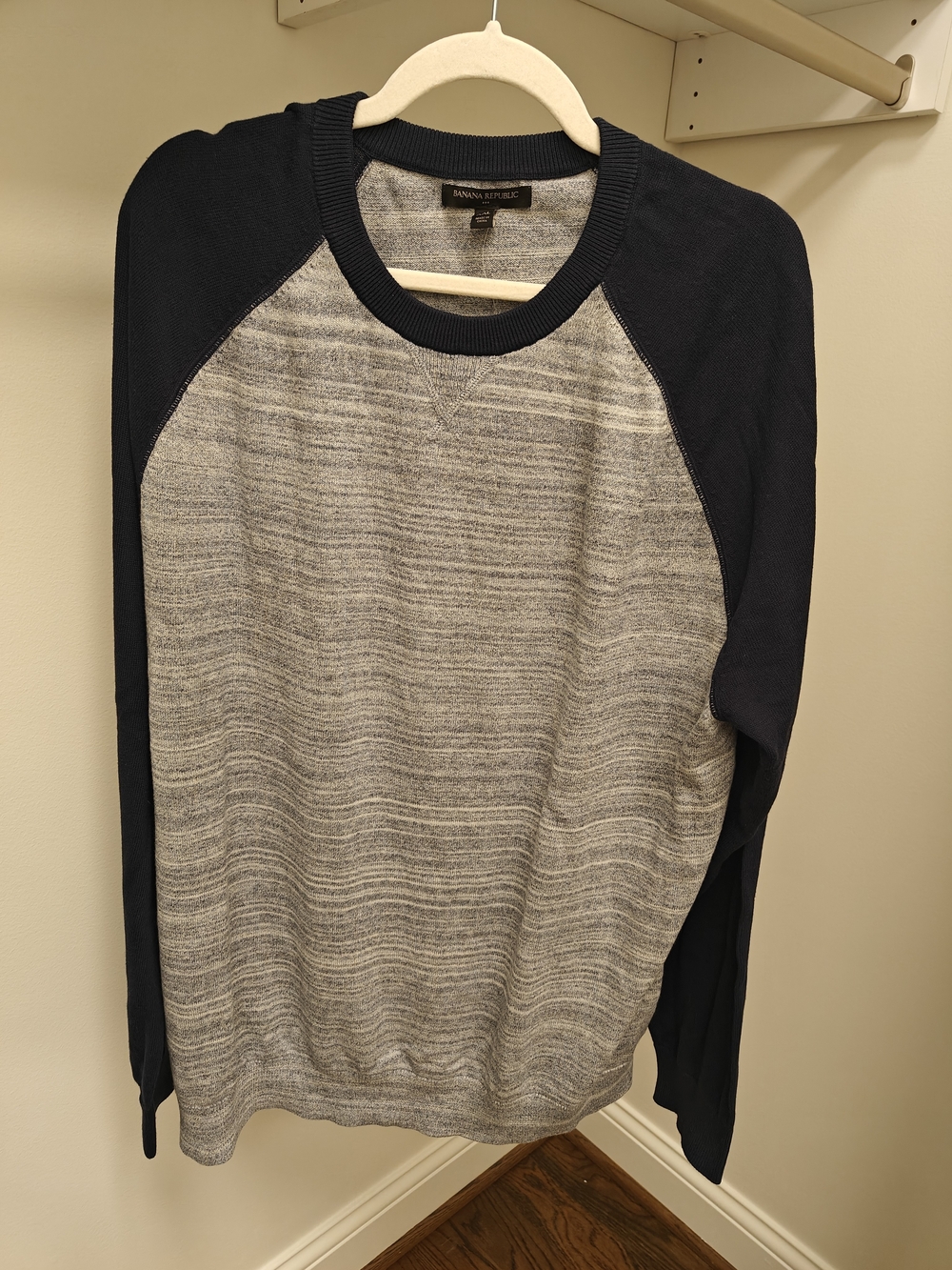 Banana Republic Men’s Gray Marled Body with Navy Raglan Crewneck Sweater